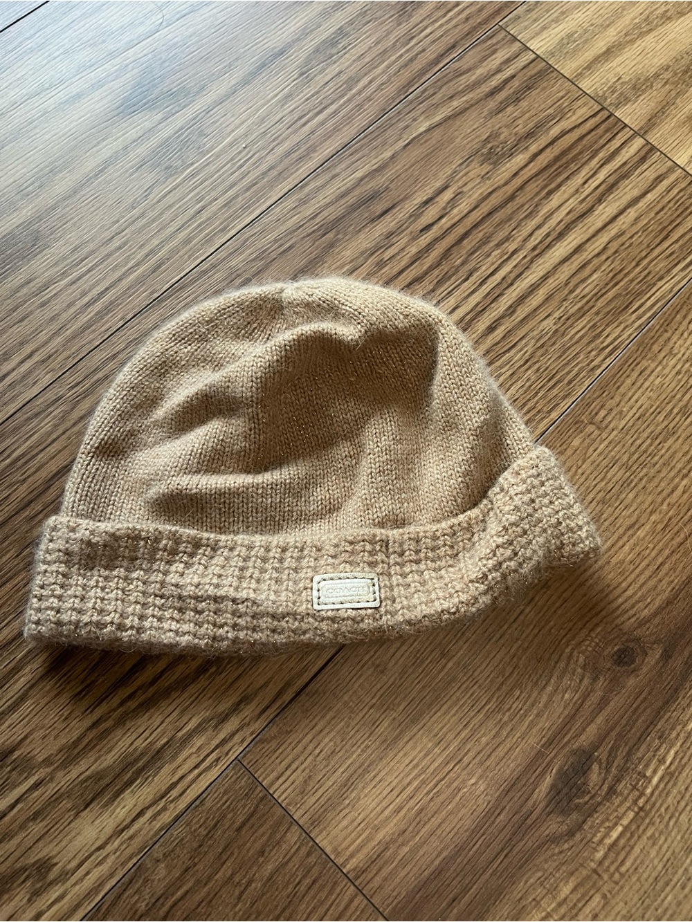Coach Beanie Hat Tan Beige Wool Cashmere Blend Leather Logo Patch O/S Shimmer